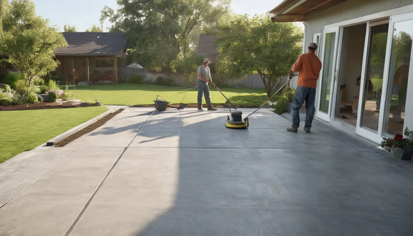 A freshly poured concrete patio behind a home in the Cahokia Heights area with outdoor chairs set nearby