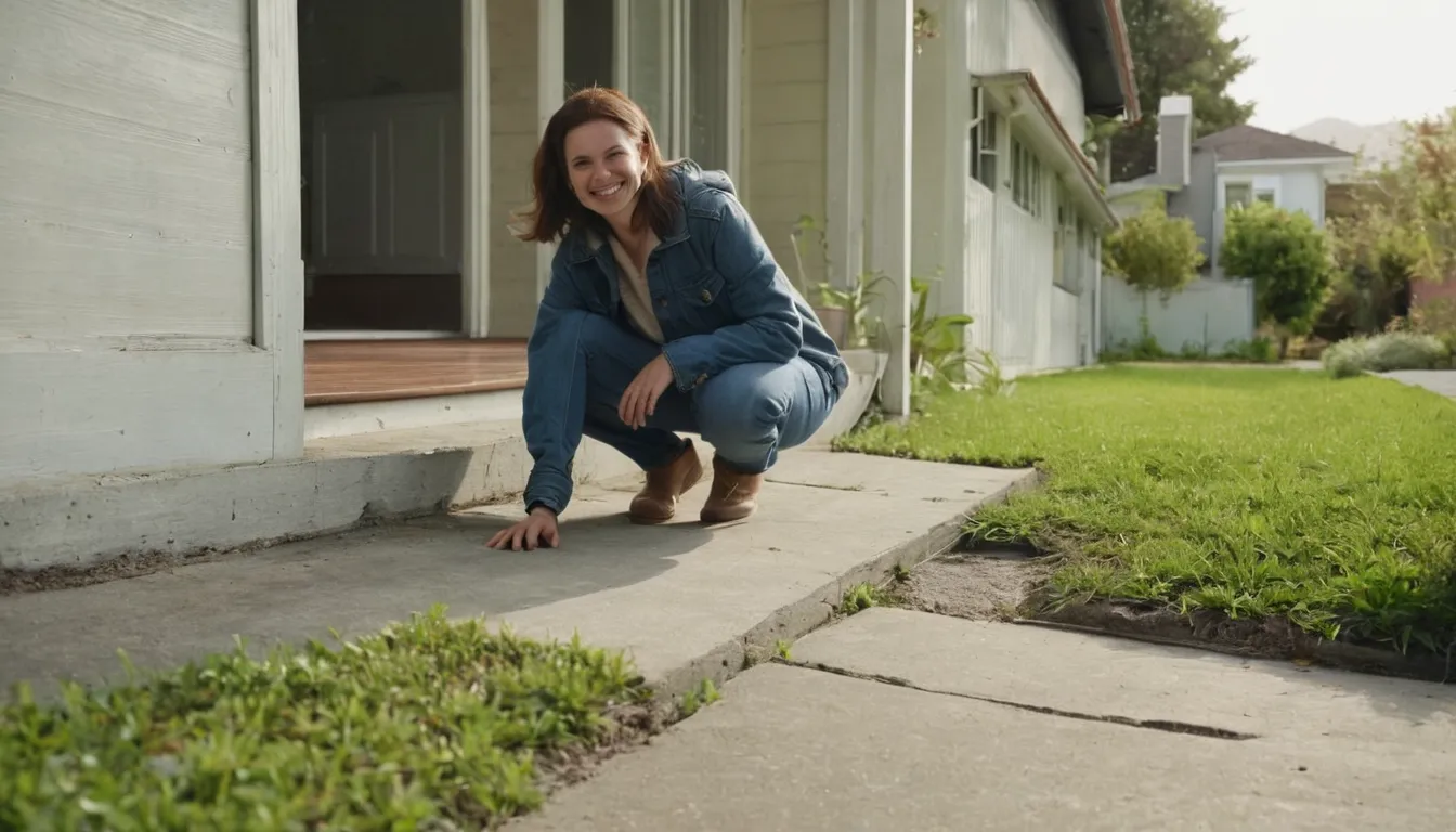 A homeowner checking a hairline crack in an older concrete slab