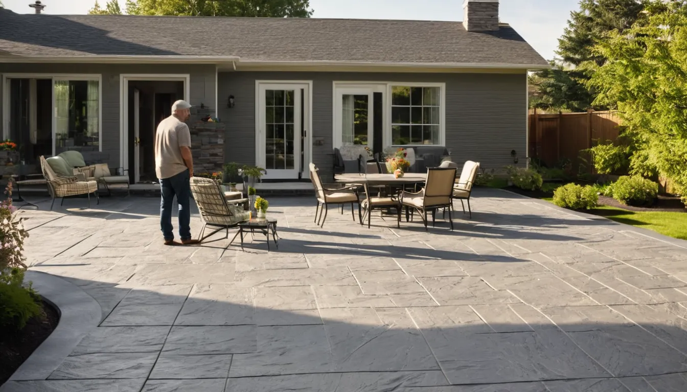 Stamped concrete patio with a natural stone pattern behind a home near Cahokia Heights